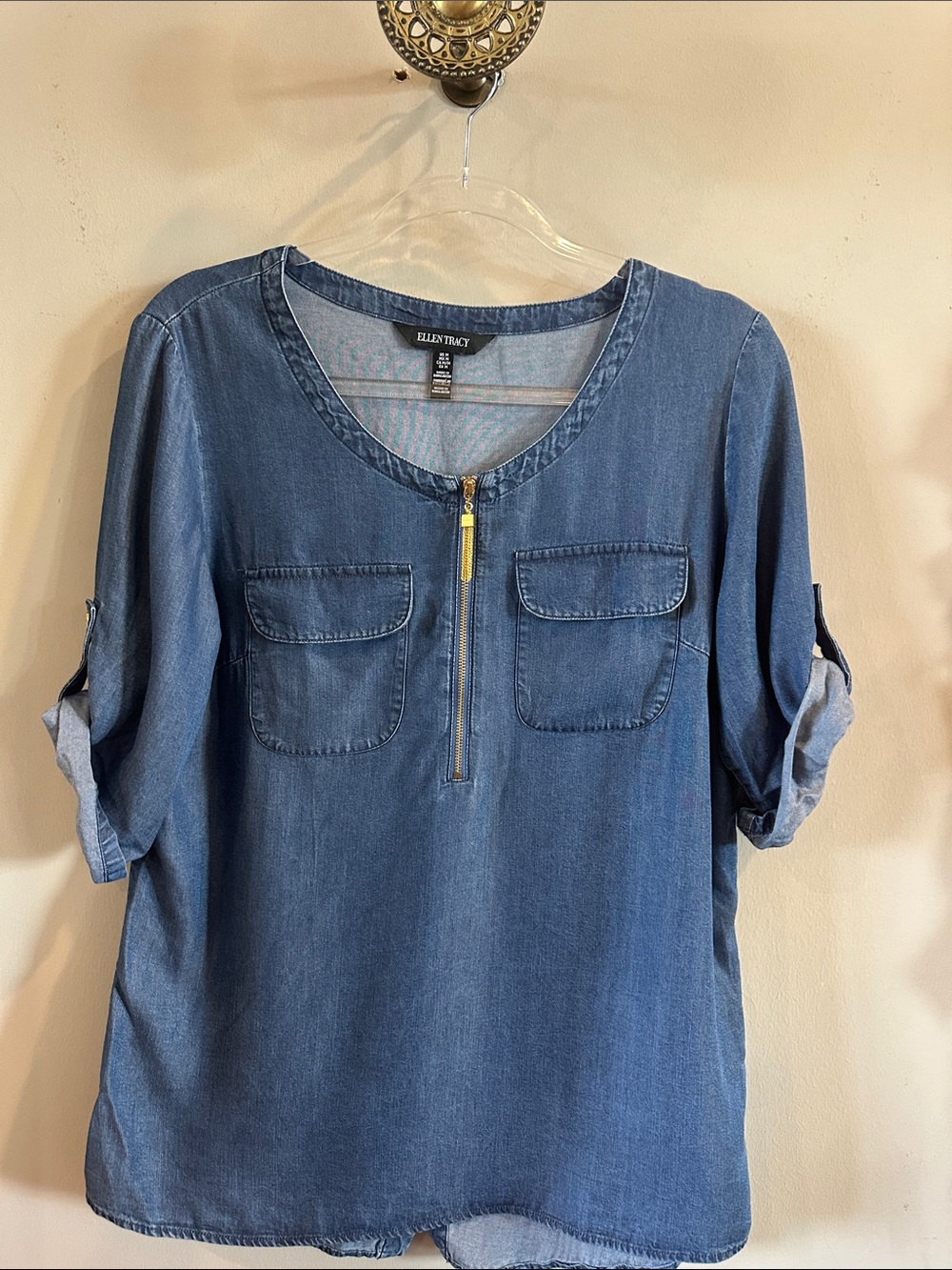 Ellen Tracy Blue Denim Zip-Front Tunic Blouse